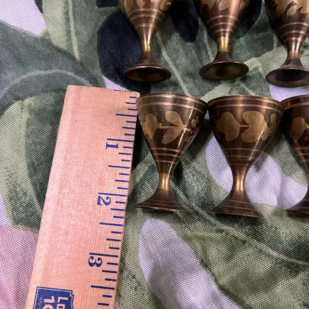 Etched 2 tone Brass Ginger Jar Urn 9” w/Lid & 6 Goblets‎ Birds, flowers, trees